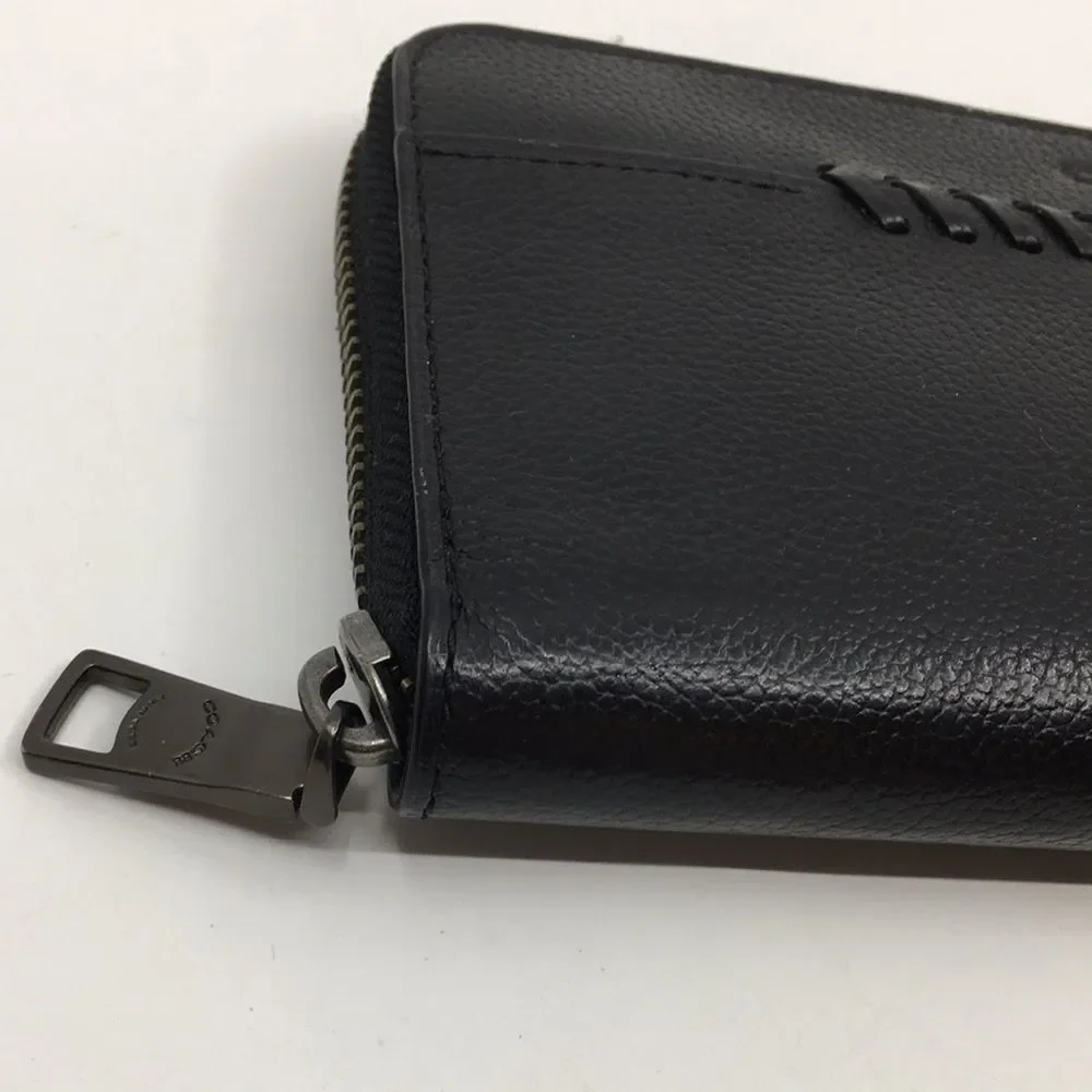 Coach Baseball Stitch Accordion Zip Wallet Black Smooth Calf Leather Unisex